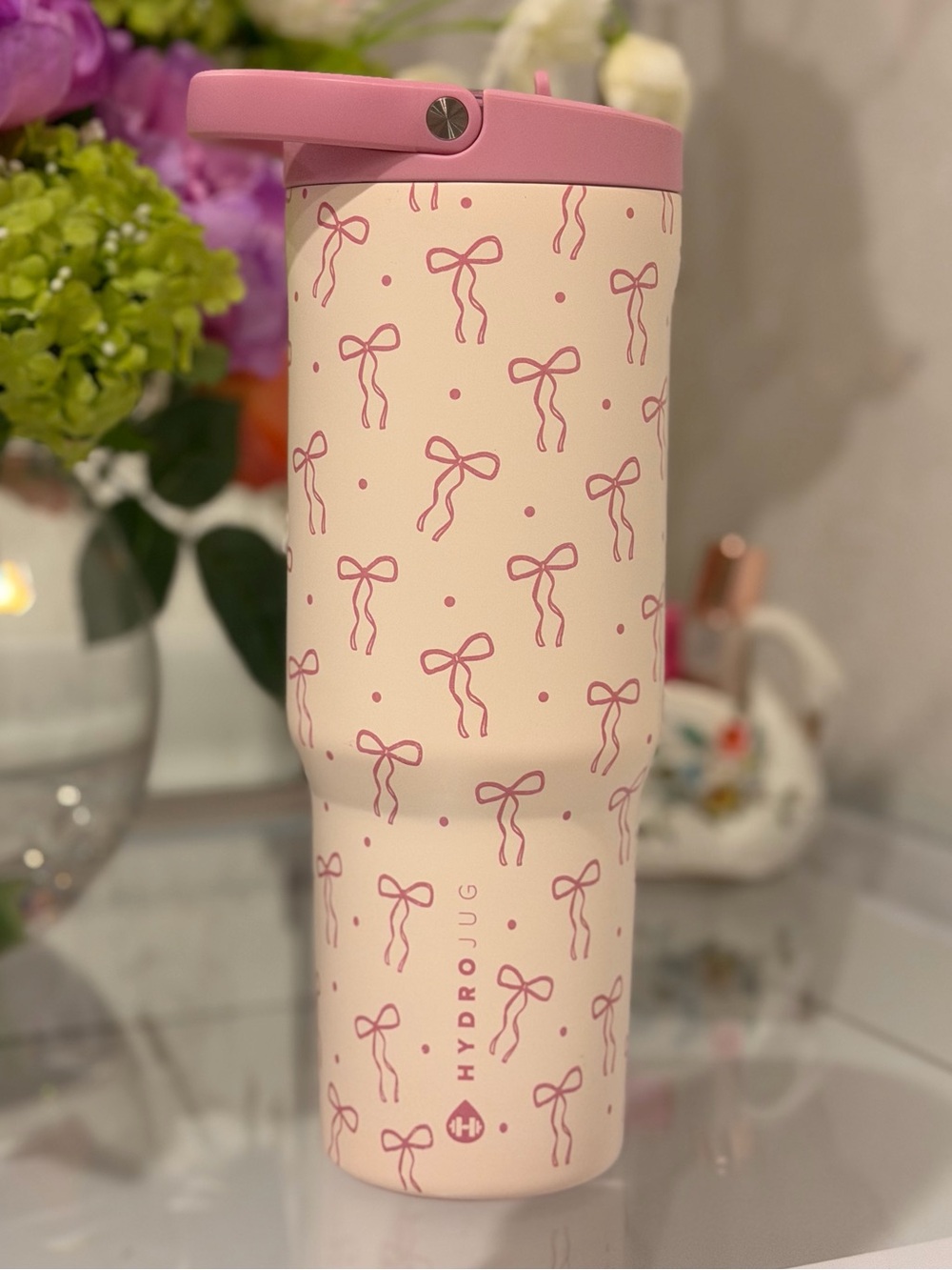 Hydrojug Pink Bows 32oz PRETTY PLEASE Sport Traveler tumbler NWT - Picture 4 of 4